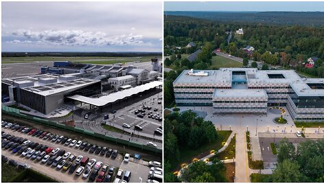 Naujasis Vilniaus oro uosto i&scaron;vykimo terminalas (AB Lietuvos oro uostai) ir VU medicinos mokslo centras (Eika Costruction) (de&scaron;inėje)