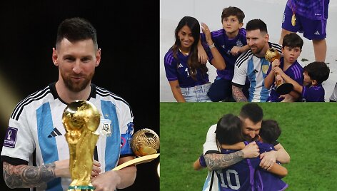 Lionelis Messi su žmona Antonela Roccuzzo ir sūnūmis Mateo, Thiago bei Ciro
