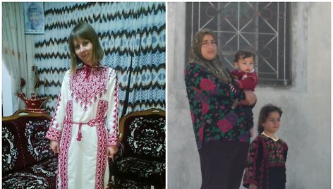 Elena Valainytė tradiciniu palestiniečių apdaru (kairėje). Palestiniečių &scaron;eima