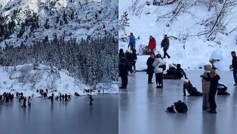 Turistai ant plono ežero ledo Tatruose