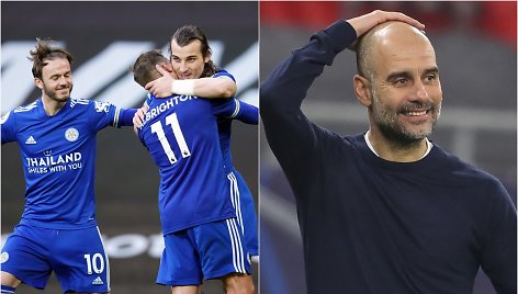 Po „Leicester City“ pergalės Pepas Guardiola (dešinėje) ir „Manchester City“ švenčia Anglijos čempionų titulą