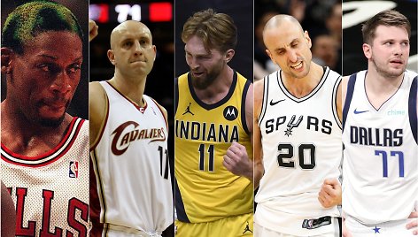 Iš kairės: Dennisas Rodmanas, Žydrūnas Ilgauskas, Domantas Sabonis, Emanuelis Ginobili, Luka Dončičius