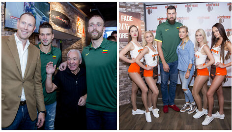 Darius Songaila, Mantas Kalnietis, Juozas Petkevičius, Artūras Milaknis, Jonas ir Eglė Valančiūnai su  baro &bdquo;Hooters&ldquo; merginomis