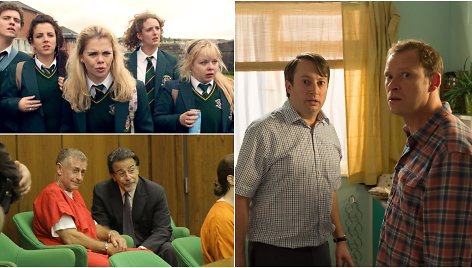 Kadrai iš serialų „Derry Girls“, „The Staircase“, „Peep Show“