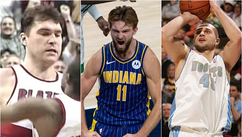 Pergalingus metimus pataikę NBA lietuviai: Arvydas Sabonis, Domantas Sabonis, Linas Kleiza