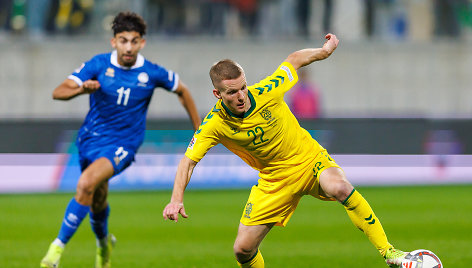 Lietuvos futbolo rinktinė Tautų lygos rungtynėse Kipre. Paulius Golubickas