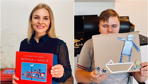 Egle Jokužytė su knyga &bdquo;Neringa ir Naglis&ldquo; bei knygą iliustravęs Reinoldas Kelp&scaron;a