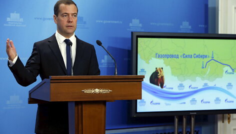 Dmitrijus Medvedevas vaizdo konferencijoje, skirtoje &bdquo;Sibiro jėgos&ldquo; dujotiekio statybos pradžiai