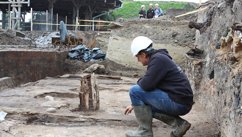 Archeologas Rokas Kraniauskas rodo, ką aptiko kasinėjimų metu.