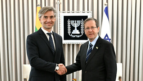 Užsienio reikalų ministras Kęstutis Budrys ir Izraelio prezidentas Isaacas Herzogas / Užsienio reikalų ministerijos nuotr.