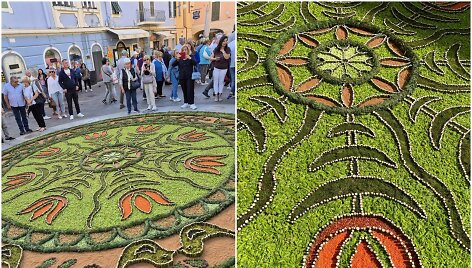 Italijoje vykstančiame floristinių kilimų festivalyje žemaičiai sukūrė įspūdingą kūrinį