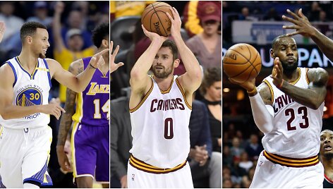 Stephenas Curry, Kevinas Love ir LeBronas Jamesas
