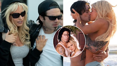 Kadrai iš serialo „Pam & Tommy“ bei tikrieji Pamela Anderson ir Tommy Lee