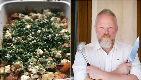 Vytaras Radzevičius ir jo gamintas krevečių saganaki i&scaron; Graikijos