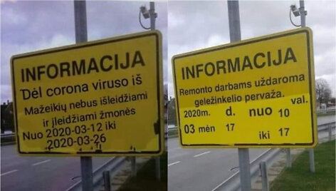 Feisbuke skelbiamas pakeistas kelio ženklas (kairėje)