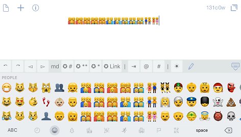 „Apple“ „Emoji“ simbolių klaviatūra, kurioje yra ir tos pačios lyties poras vaizduojantys simboliai