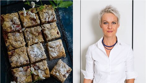 Nida Degutienė ir jos keptas trapus rabarbarų ir bra&scaron;kių džemo pyragas