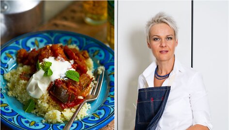 Nida Degutienė ir jos gamintas marokieti&scaron;kas baklažanų &bdquo;tagine&ldquo;