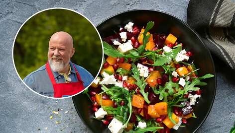 Salotos su&nbsp;keptu moliūgu, feta ir granatų padažu