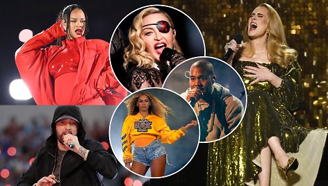 Rihanna, Eminemas, Adele, Madonna, Kanye Westas,  Beyonce