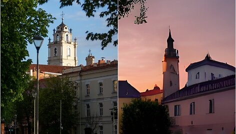 Vilniaus senamiestis. Kairėje &ndash; reali nuotrauka, de&scaron;inėje &ndash; dirbtinio intelekto pagalba sukurtas vaizdas.