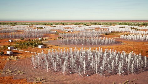 2022 m. gruodžio 5 d. Australijos pramonės, mokslo ir i&scaron;teklių departamento i&scaron;platintame lankstinuke pavaizduotos žemo dažnio stotys, sudarančios Vakarų Australijoje statomą radijo teleskopą &bdquo;Square Kilometre Array&ldquo; (SKA). 