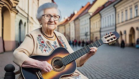 Dirbtiniu intelektu sugeneruota močiutė groja gitara Vilniaus senamiestyje