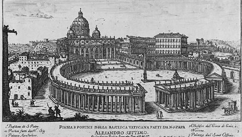 Gian Lorenzo Berninio suprojektuota uždara &scaron;v. Petro aik&scaron;tė (Giovanni Battista Falda, Il nuovo teatro delle fabriche, Romae G.Giacomo Rossi, 1665)