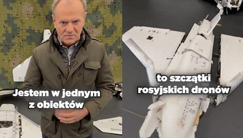 Donaldas Tuskas parodė numu&scaron;tus Rusijos dronus