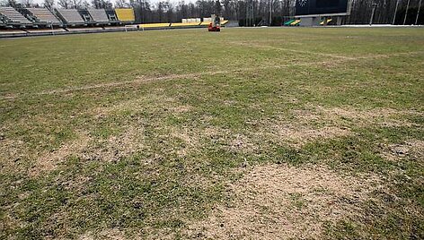 Ankstyvą pavasarį stadione žolės mažoka.