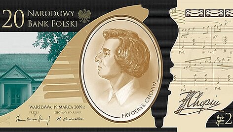 20 zlotų banknotas Fryderyko Chopino dviejų &scaron;imtų metų gimimo sukakties paminėjimui (aversas)