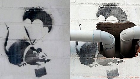 Banksy darbas &bdquo;Žiurkė su para&scaron;iutu&ldquo;