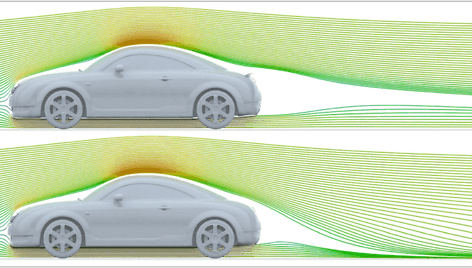 Audi TT aerodinamikos palyginimas – viršuje su spoileriu, apačioje – be jo. (Mr. Aerodynamics , Wikimedia (CC BY-SA 4.0)