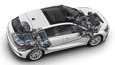 Gamyklinė dujų įranga Audi A3 hečbeke. Atkreipkite dėmesį, kad sumontuota ne viena, o trys dujų talpos, o ir benzino bakas yra unikalios formos, kad tik būtų i&scaron;saugota erdvė salone ir bagažinėje (Audi nuotrauka)