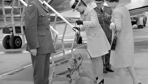 Karalienė Elžbieta II ir jos duktė  princesė Anne su savo korgiais lipa į lėktuvą. (1969 m. nuotrauka)