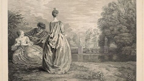 Bernard Baron (1696?&ndash;1762?). Dvi pusseserės. Pagal Antoine&rsquo;ą Watteau Luvro muziejus, Grafikos meno skyrius, Edmond&rsquo;o de Rothschildo kolekcija 