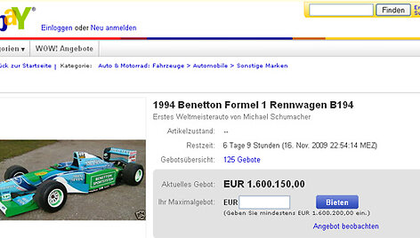 1994 metų bolidas &bdquo;Benetton B194&ldquo; parduodamas interneto aukcione
