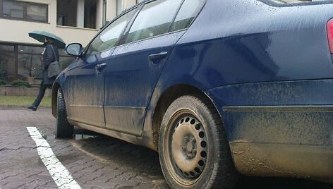 Prie Seimo stovėjusio automobilio nepagražino net lietus.