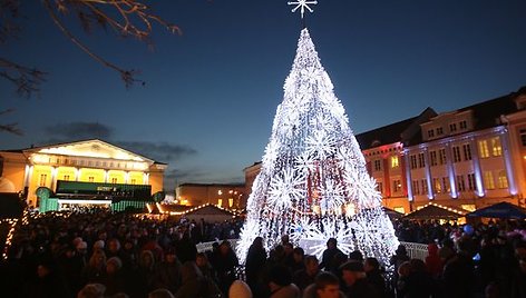 Šeštadienio vakarą Vilniuje šimtais švieselių sužibo Kalėdų eglės Rotušės ir Katedros aikštėse. 