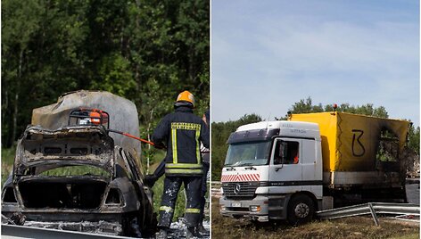 Sudegusio BMW liekanos ir &bdquo;Mercedes&ldquo; sunkvežimis įvykio vietoje