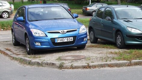 Mėlynasis prokurorės automobilis ant i&scaron;važinėto žolės ploto.
