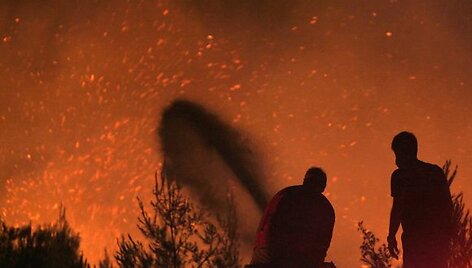 Gaisrui pasiekus Atėnus ugniagesiai kovoja su liepsnomis, o žmonės evakuojami i&scaron; priemiesčių.