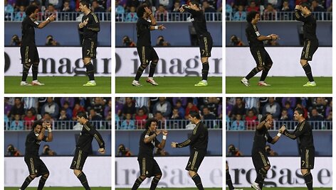 Marcelo sveikina tris įvarčius pelniusį &bdquo;Real&ldquo; lyderį Cristiano Ronaldo.