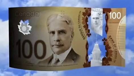 Naujasis 100 Kanados dolerių banknotas, pagamintas i&scaron; plastiko.