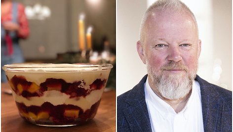 Vytaras Radzevičius ir jo ruoštas desertas „English trifle“