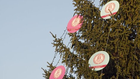 VIenyvės aik&scaron;tės eglė, kuri &scaron;iemet papuo&scaron;ta pagal VDU studentų idėjas.