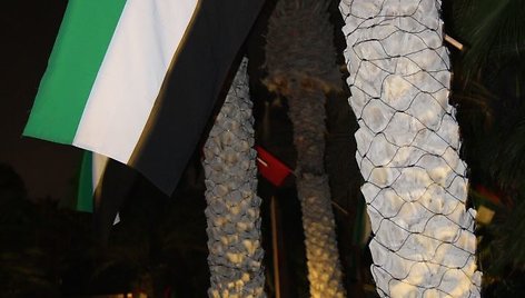 Jungtinių Arabų Emyratų vėliavos naktinio Dubajaus gatvėse