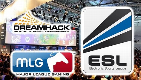 Elektroninio sporto organizacijų ESL, &bdquo;DreamHack&ldquo; ir MLG logotipai.