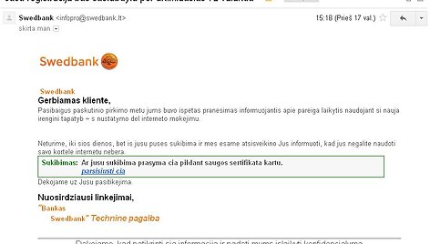 &bdquo;Swedbank&ldquo; įspėja saugotis sukčių platinamų el. lai&scaron;kų