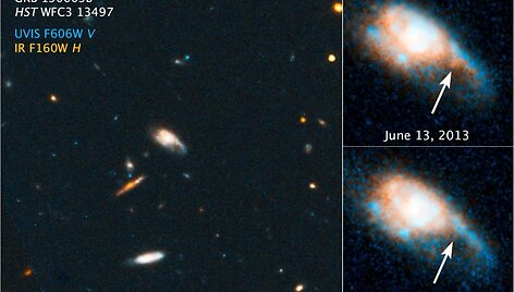 &Scaron;iuos kadrus užfiksavo kosminis teleskopas &bdquo;Hubble&ldquo;. Kadrai iliustruoja naują žvaigždžių sprogimo tipą &ndash; kai susilieja du itin tankūs objektai (dvi neutroninės žvaigždės arba neutroninė žvaigždė ir juodoji skylė). Kairiau esančios nuotraukos centre matoma galaktika birželio 3 d. generavo trumpalaikį